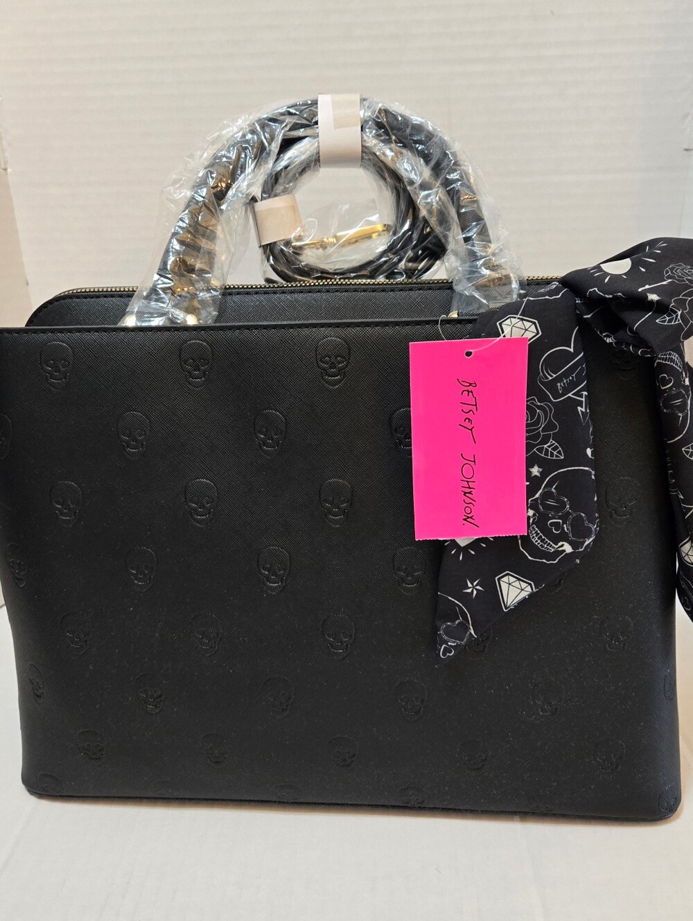 Betsey Johnson Black Embossed Skull Satchel with Scarf Accent